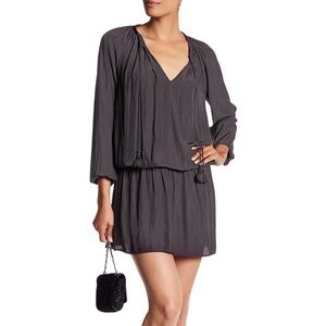 RAMY BROOK • London Dress mini grey satin drop waist blouson smocked tassel